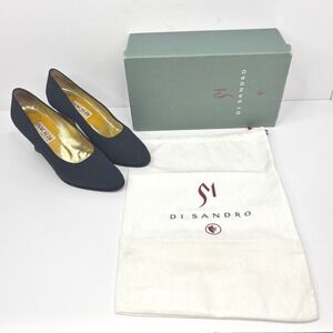 Pancaldi Vintage Navy‎ Ribbed Fabric Pumps Gold Lining Heels Made in Italy 8.5B